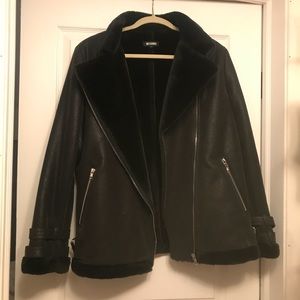 Missguided faux leather/fur aviator jacket, black